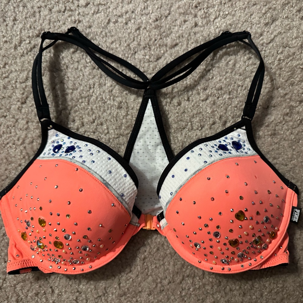 PINK Victoria Secrets Orange Bedazzled Bra NFL Pro Tryout top